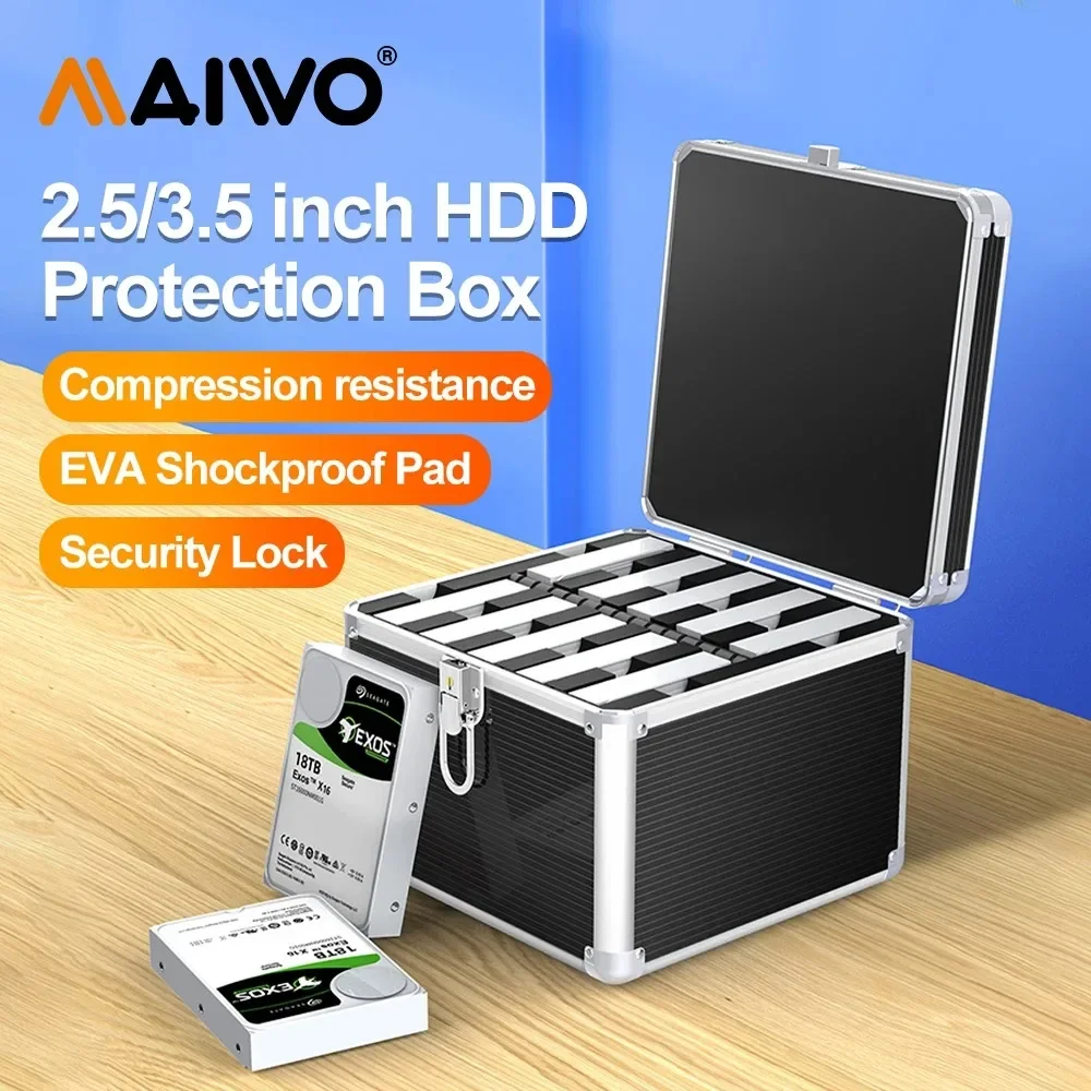 MAIWO Hard Drive Protection Box with 10-bay Lock, 3.5-inch IDE/SATA Hard Drive Storage Box, Anti-theft/moisture-proof/shockproof