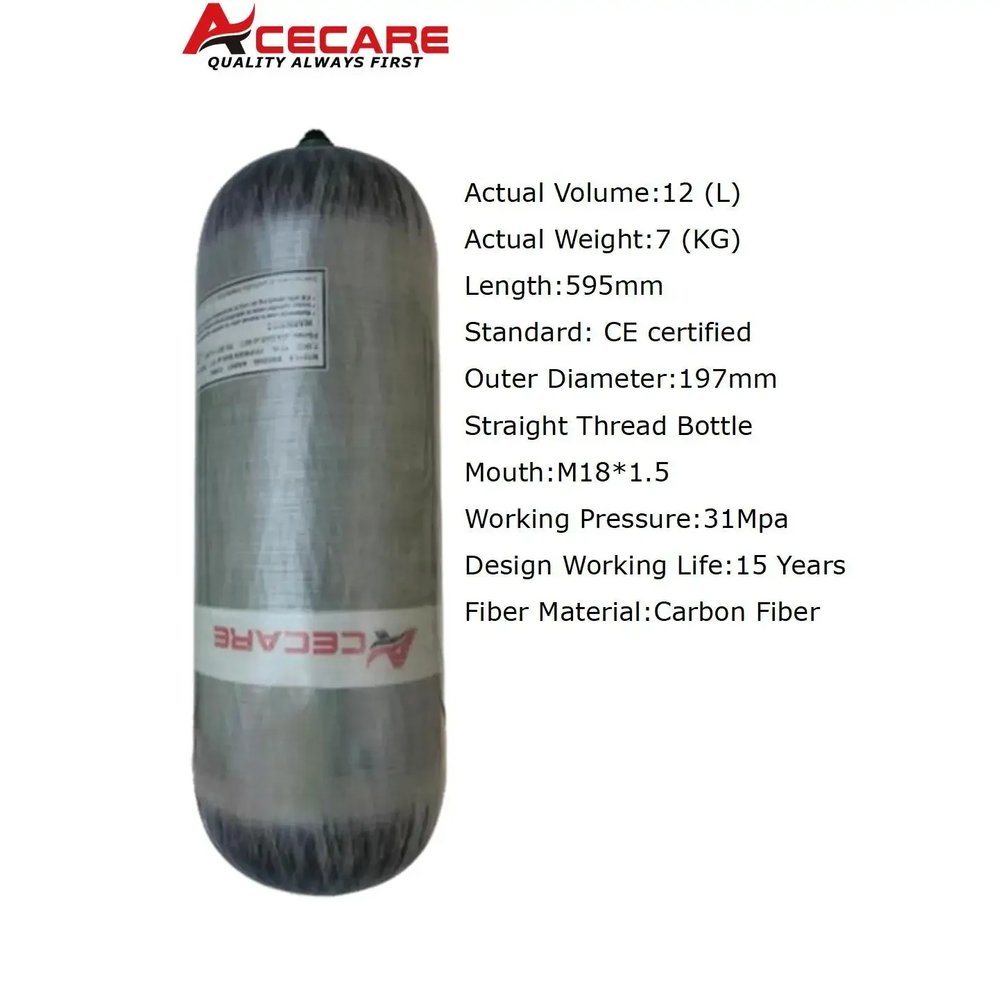 ACECARE 4500Psi 300Bar 30Mpa 12L Цилиндр из углеродного волокна Резервуар высокого давления HPA Воздушная бутылка для дайвинга с аквалангом M18 * 1,5