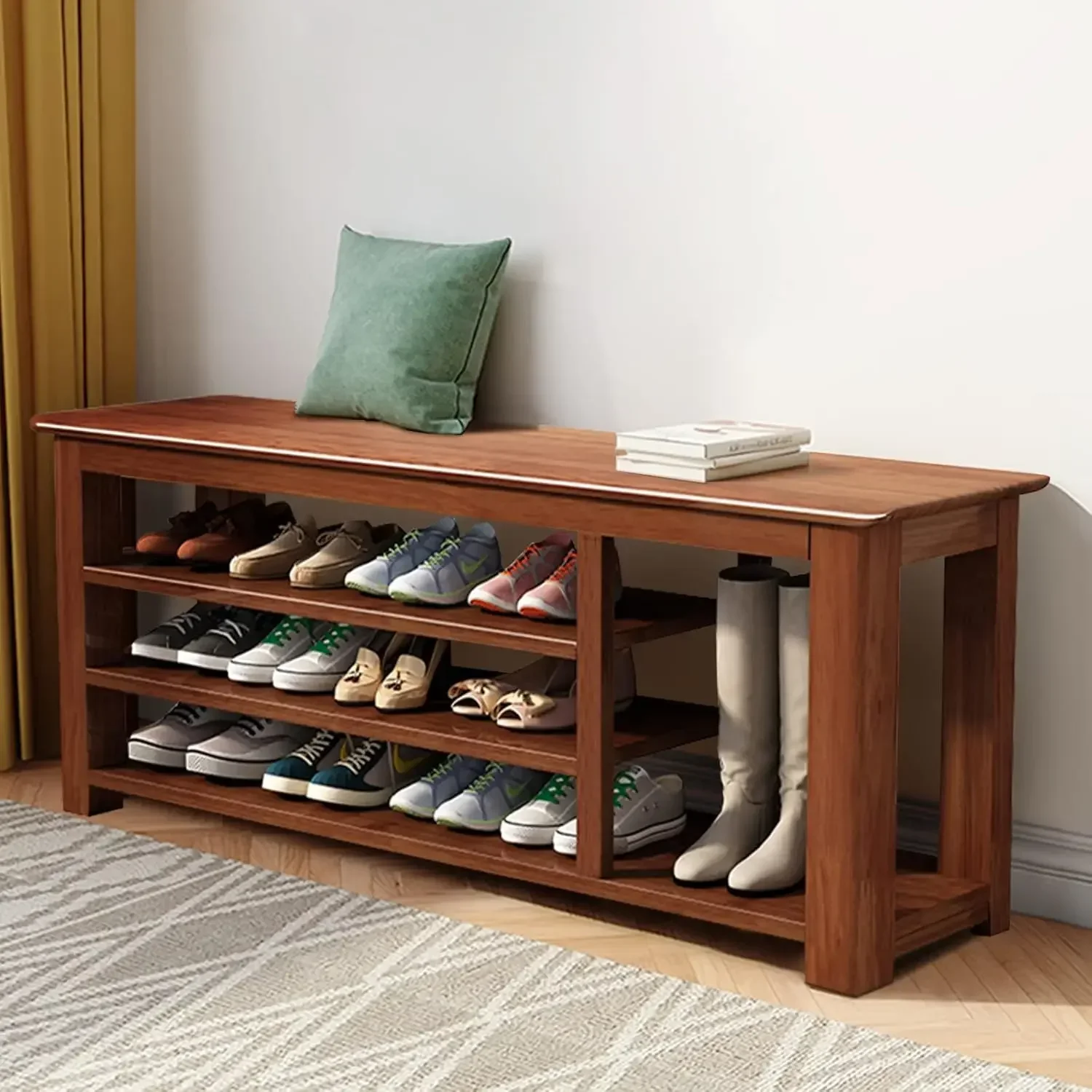 Bamboo Entryway Shoe Storage Bench, Entry Bench with 3-Tier Adaptable Shelf, Shoe Rack for Hallway Living Room, Brown, 47''W