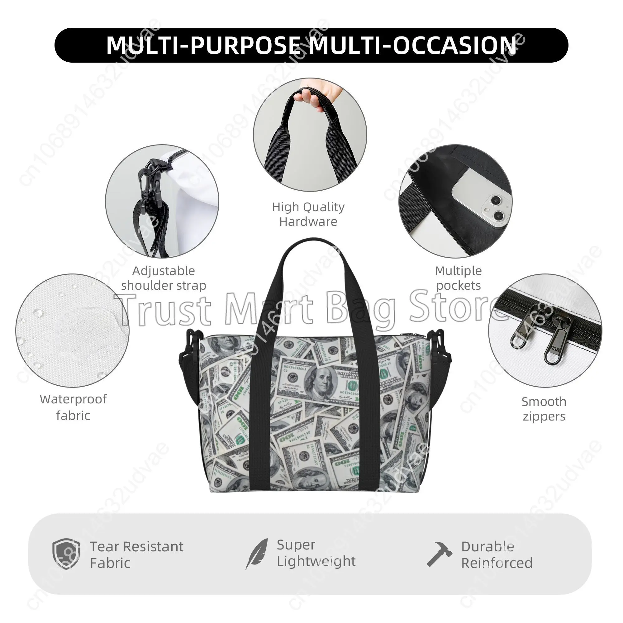 Money Background 100 Dollar Bills Travel Duffel Bags Sports Gym Bag Luggage Overnight Bags for Men Women with Adjustable Strap