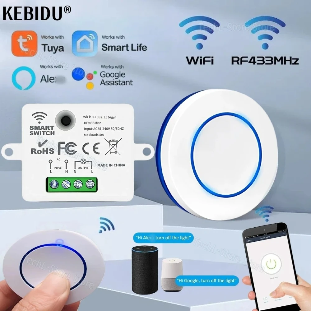 Smart Tuya WiFi Switch 433MHz Wireless Remote Control Light Switch Relay Controller Voice Control Works With Google Home