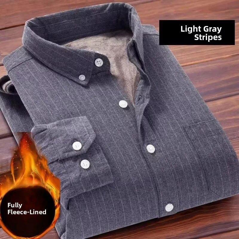 Thickened Fleece Corduroy Shirt Long Sleeve Men's Casual Wear Resistant Stainproof Striped Jacket for Autumn Winter Work