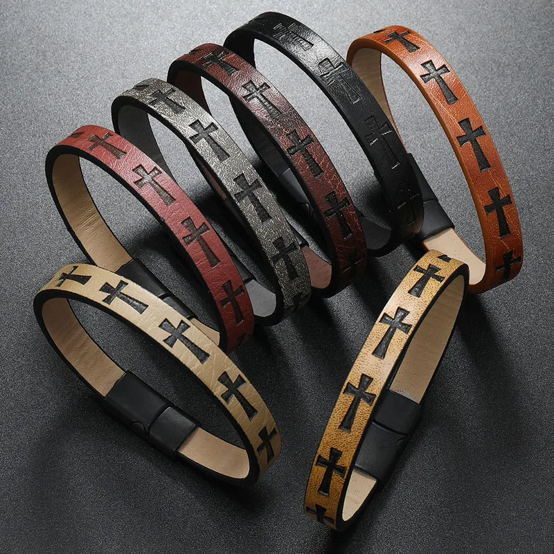 Embossing Leather Lucky Jesus Christ Cross Bracelets for Men Boho Engraved Leather Cuff Bracelet Male Hand Jewelry Accessories