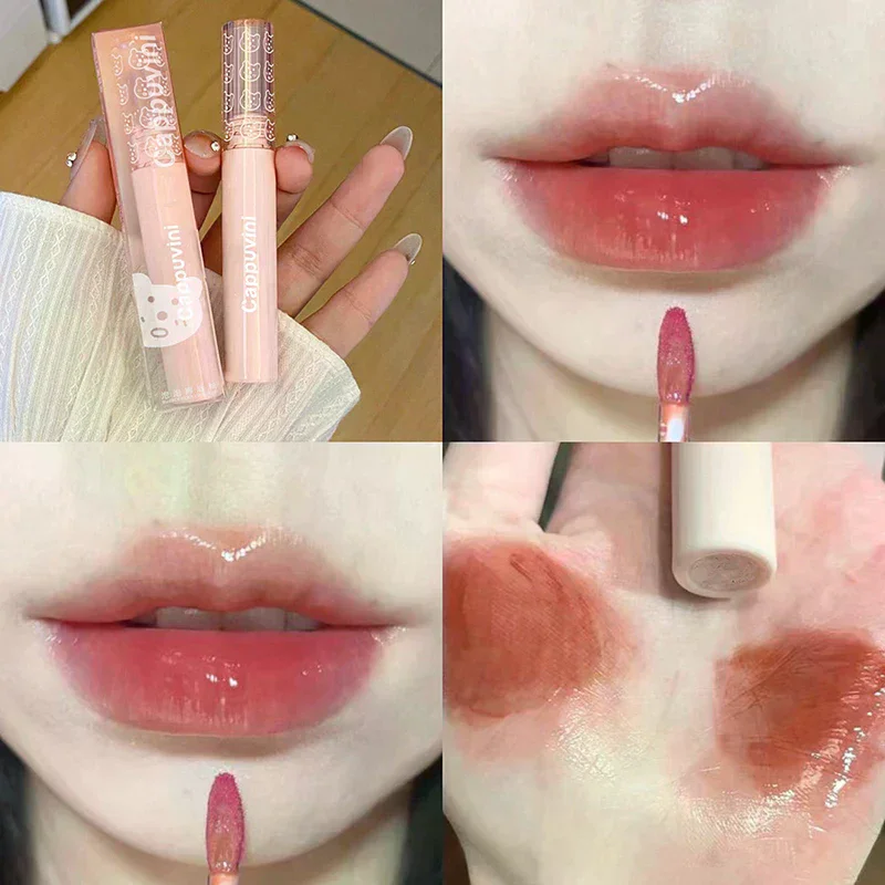 Cereja vermelho à prova d'água acabamento espelhado brilho labial nude marrom claro matiz vidro óleo labial maquiagem líquida para aparência volumosa