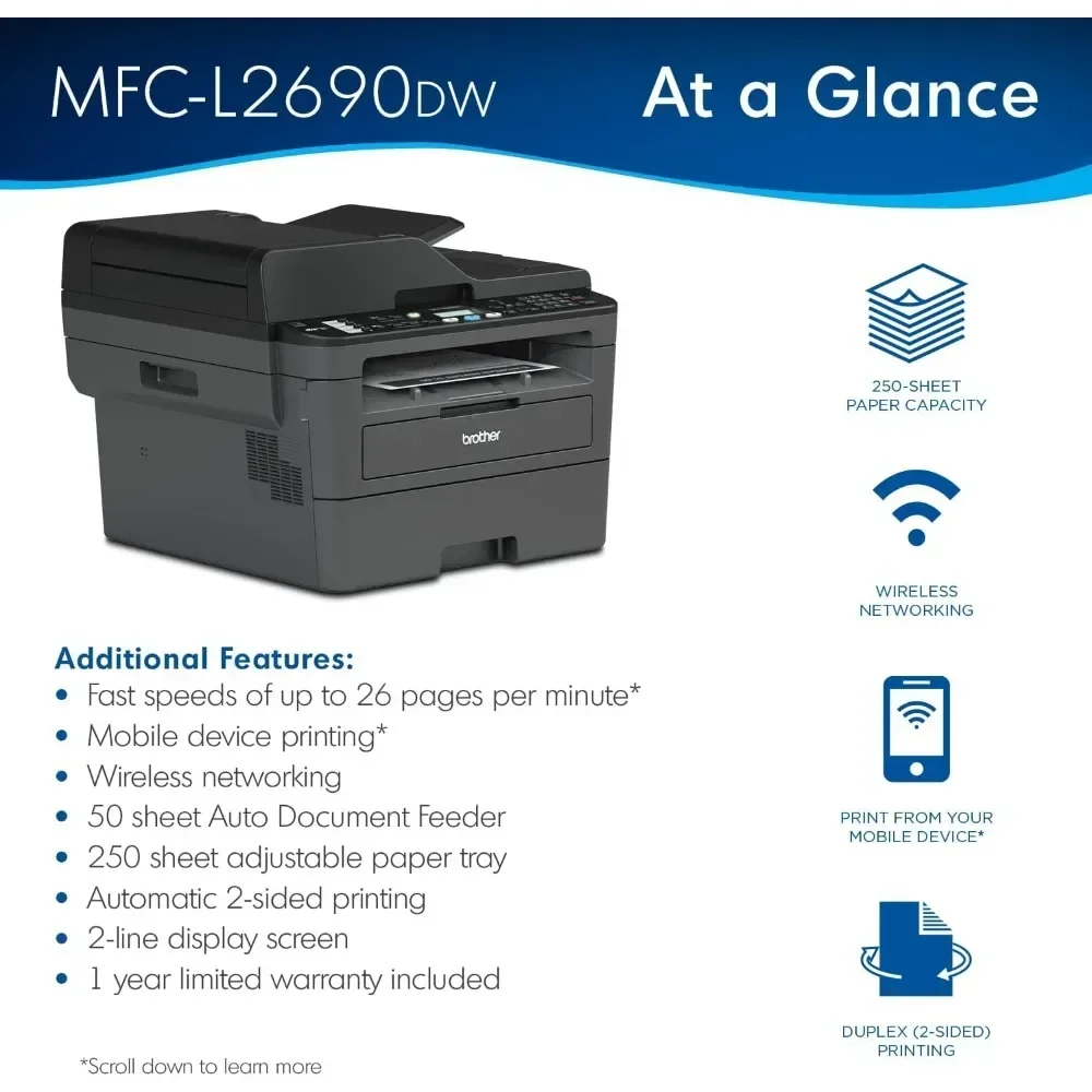 Monochrome Laser All-in-One Printer,Print Scan Copy Fax,Auto 2-Sided Printing,Wireless Connectivity,with Printer Cable