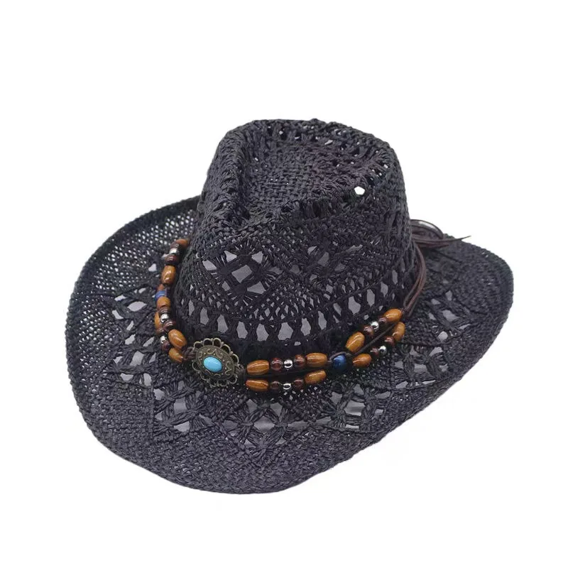 Vintage Sommer Strand Bohemian Strohhut mit Muscheln für Damen und Herren, Western Cowboyhüte mit Holzperlen, Ausgehöhlter Sonnenhut, Urlaubsmütze – Detail 16