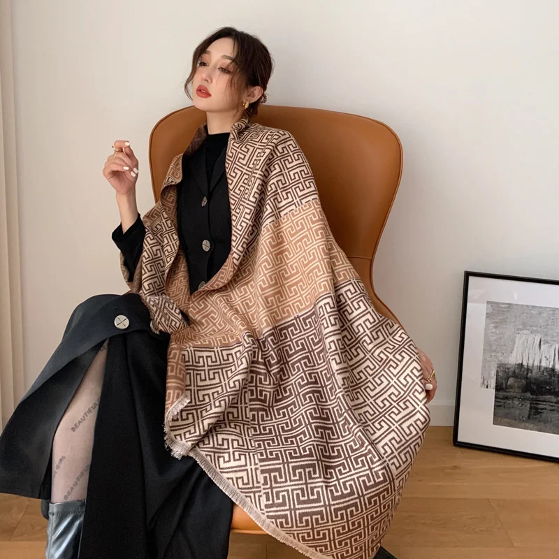 Fashion Warm Large Shawl Thick Winter Scarf Houndstooth Design Print Women Cashmere Pashmina Shawl Lady Wrap Luxury Blanket