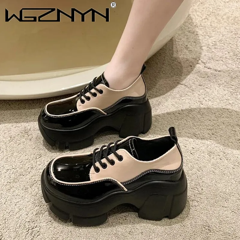 2024 Patent Leather 7cm Platform Wedge Women Shoes High Heels Sneakers Summer Autumn Moccasins Designer Mixed Color Lace Up Boot