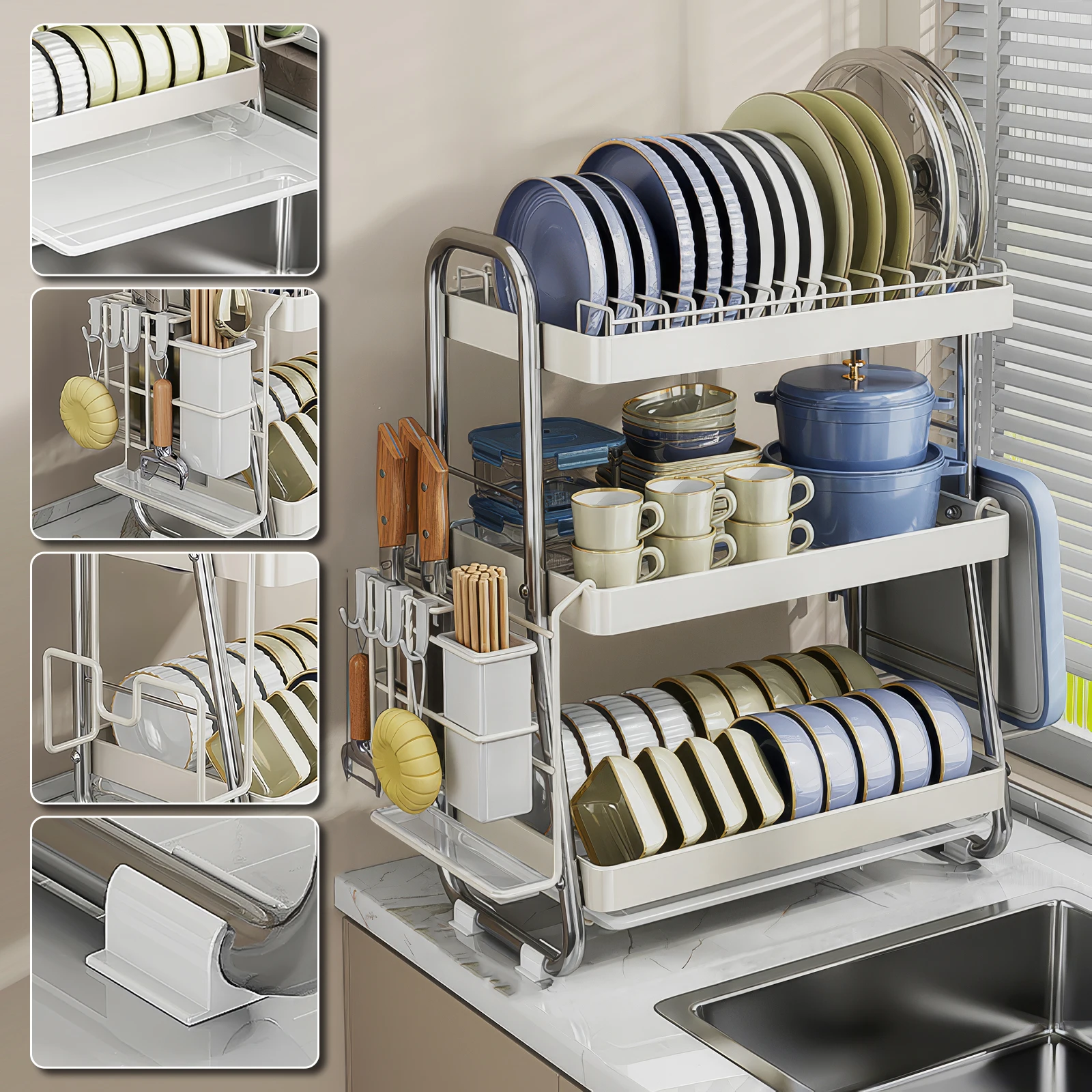 

Двухуровневая/трехуровневая сушилка для посуды из нержавеющей стали с поддоном, вместительный органайзер для кухонной столешницы с держателем для столовых приборов