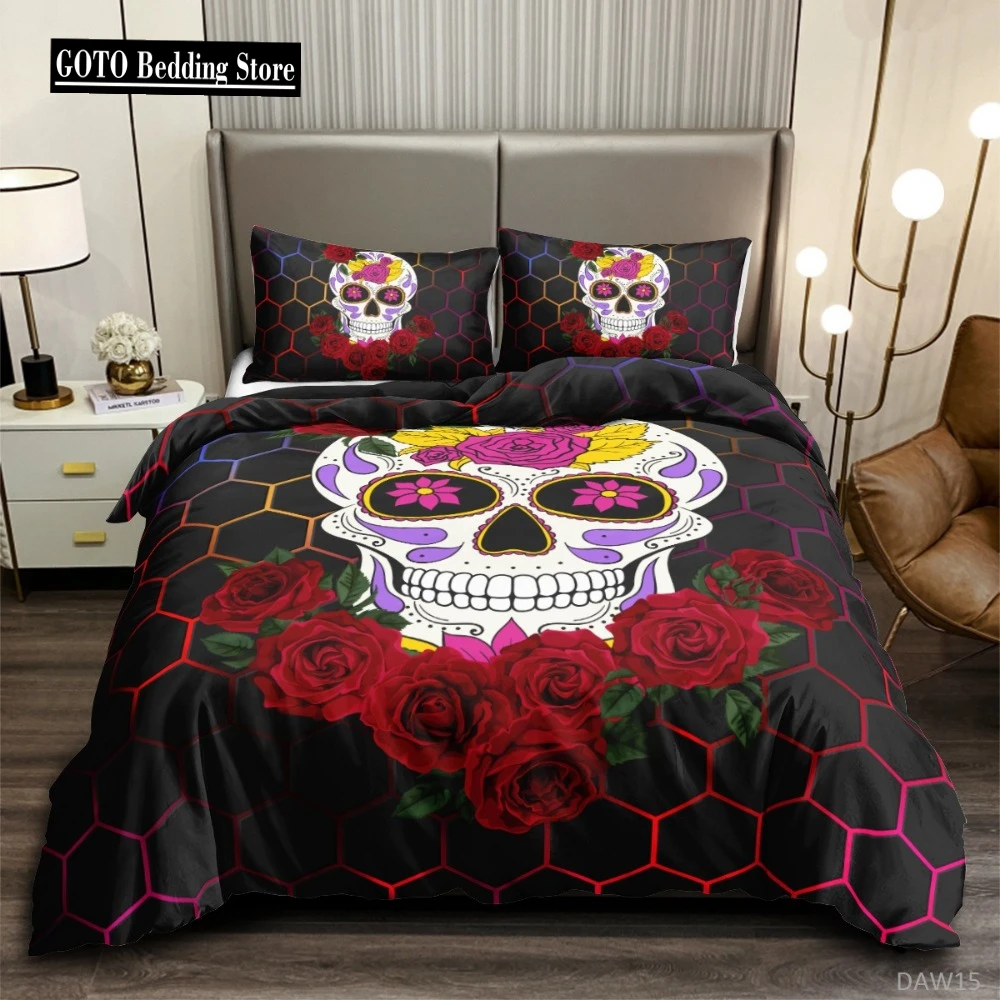 

Rose and Skulls Bedding Set for Kids, All Season, Twin, Full, Queen, King Size, Bed Set, Bedroom Duvetcover Sets, Red