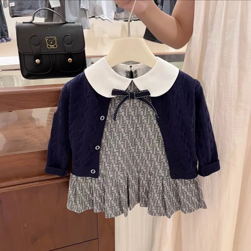 2-7Year Spring New Girls Dress Outfit Girls Knit Cardigan+Doll Collar Jacquard Lapel Dress Autumn Everyday Sweet Princess Dress