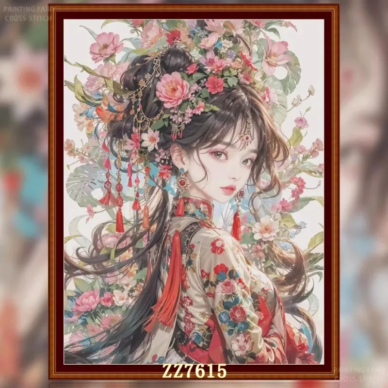 

ZZ7615 classical beauty 18CT 14CT 16CT Stamped Canvas Cross Stitch DIY Chinese Pattern Kit Home Needlework Embroidery 139 Colors