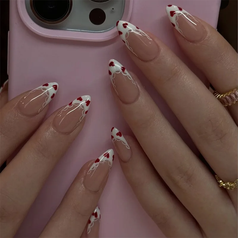 

24pcs French Love Sweet Style Press on Nails Lace Trim Manicure Wearable Nail for Women and Girls False Nail