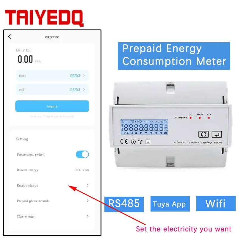 Tuya Three Phase Electricity Meter Prepayment Remote Control Bidirectional Energy Consumption Kwh Meter RS485 MODBUS