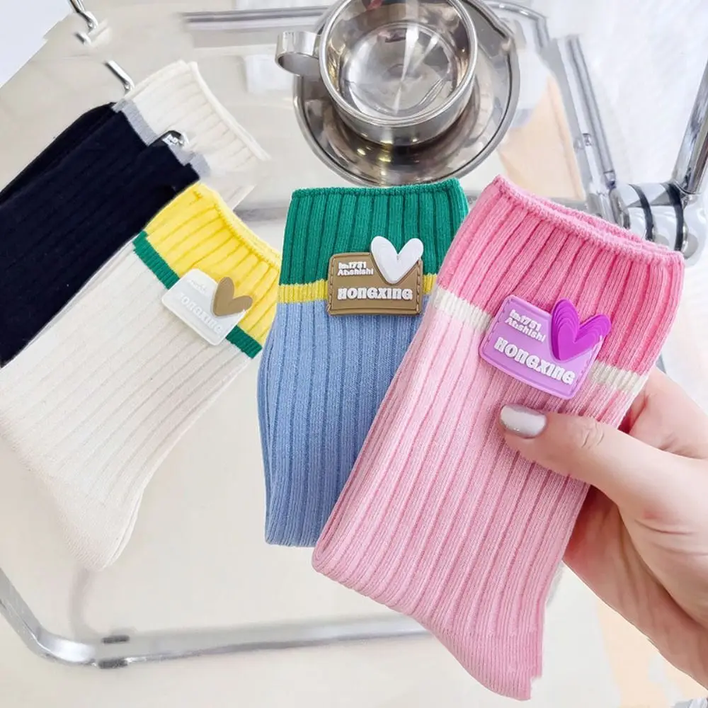 Sweet Mid-tube Color Matching Double Needle Socks Cotton Harajuku Casual Socks Soft Comfortable Female Hoisery Outdoor