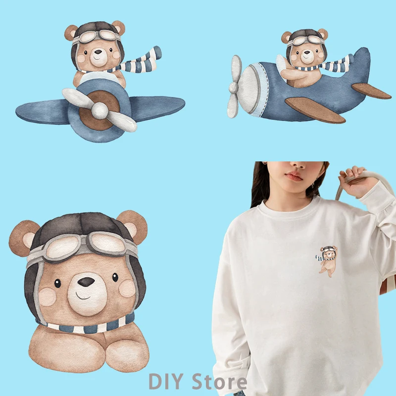 pilot a samolot Little Bear dtf Iron On Patches For Clothing Iron On Patches Thermal for Clothing transfers ready to press