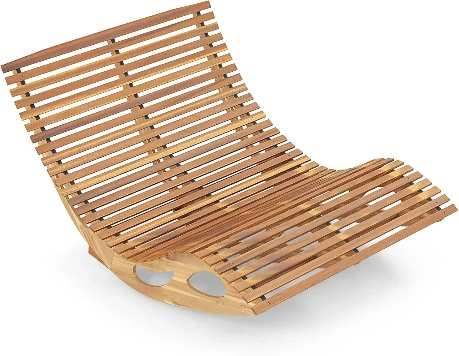 Outdoor Double Chaise Lounge Chair, Acacia Wood Rocking Sunbed with Slatted Backrest and Seat, Wooden Loveseat Rocker for Patio,