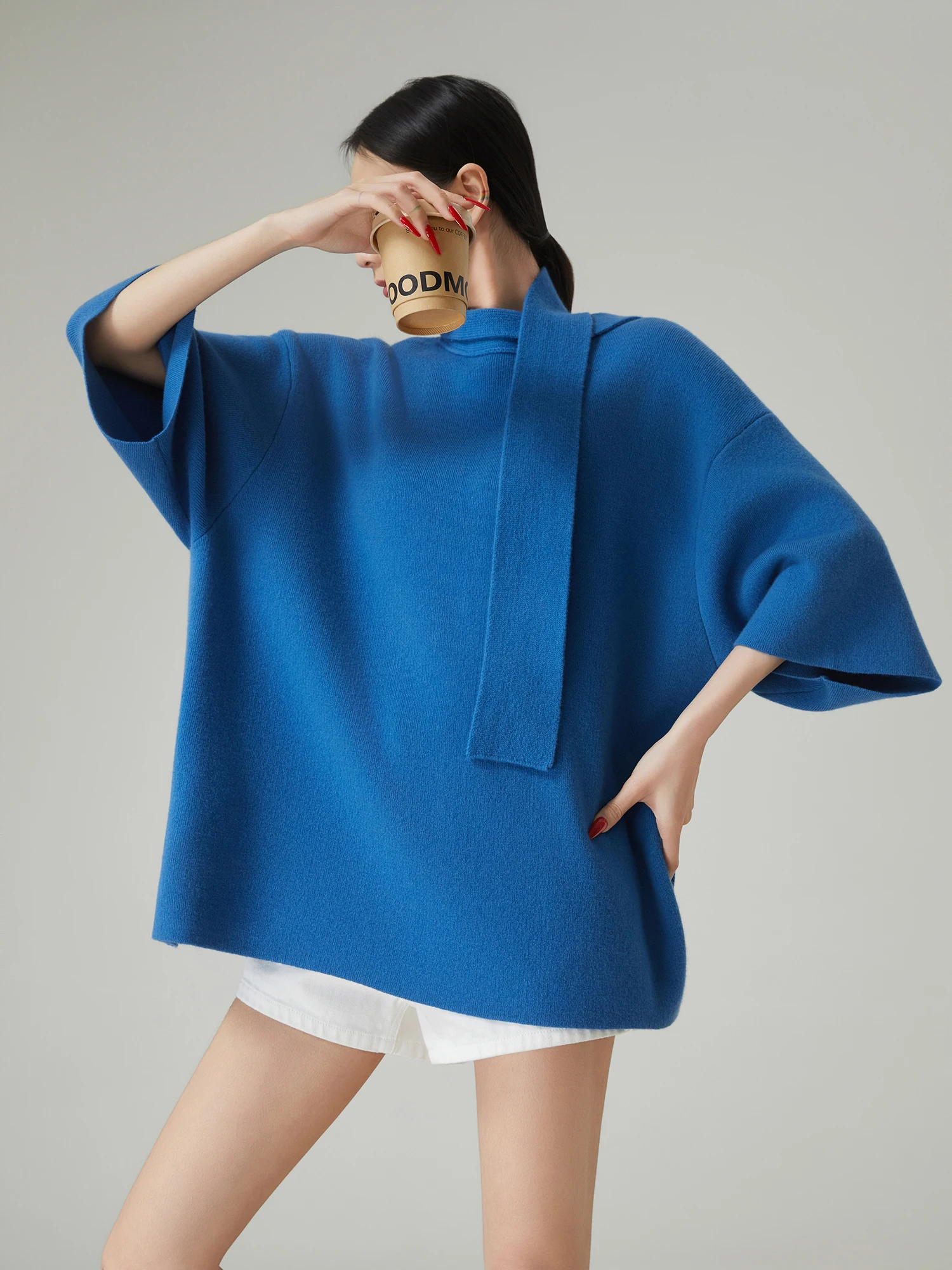 

Blue Loose Fit Knitted Top with Saes Front And Ba Wear Five Sve Casual Sle Polyester Fiber round Ne Regular Length