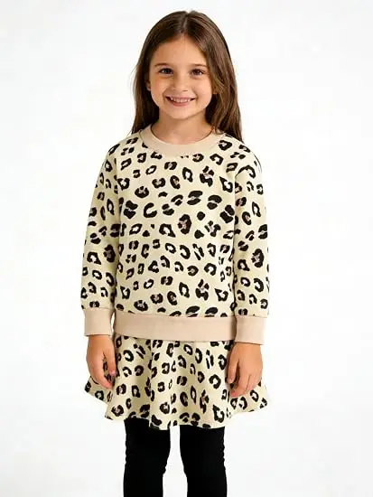 Little Hand Kids Girls Leopard Heart Print Long Sleeve Top Skirt Leggings Set Valentine Casual Outfit for 3-10 Years old
