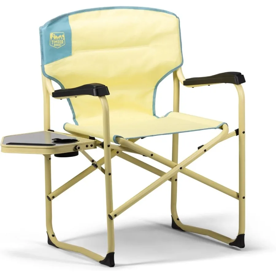 Camping chair with side table for outdoor use, durable steel frame, black color, 300 lb capacity and ergonomic support