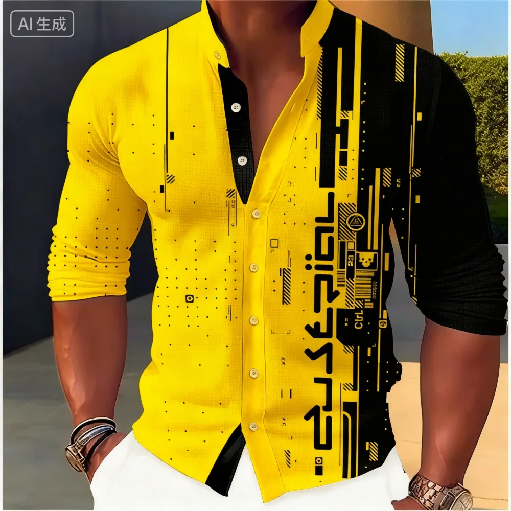 Men's Cyberpunk Style Long Sleeved Shirt Standing Collar Geometric Lines Printed High-Quality Button up Fashionable Cardigan