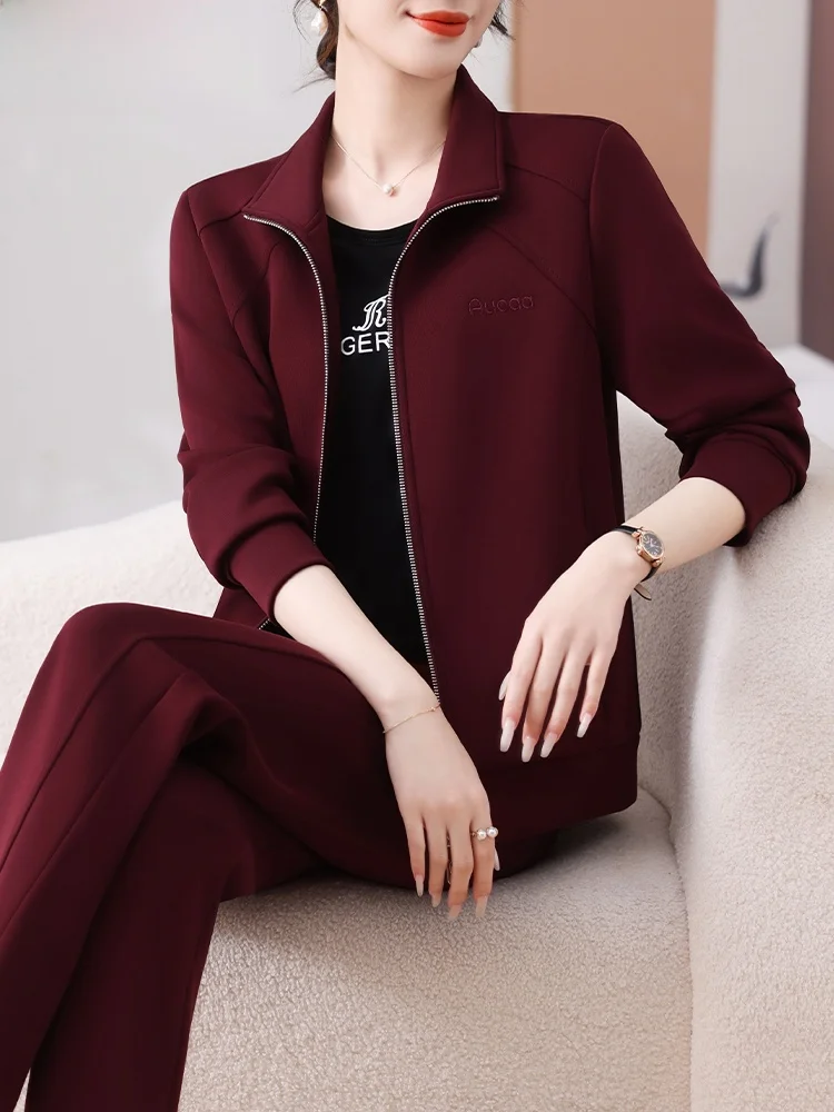 

Весенний модный комплект верхней одежды для женщин 2025: Новый спортивный костюм из двух предметов для бега, свободный крой, хлопковая смесь, воротник на молнии