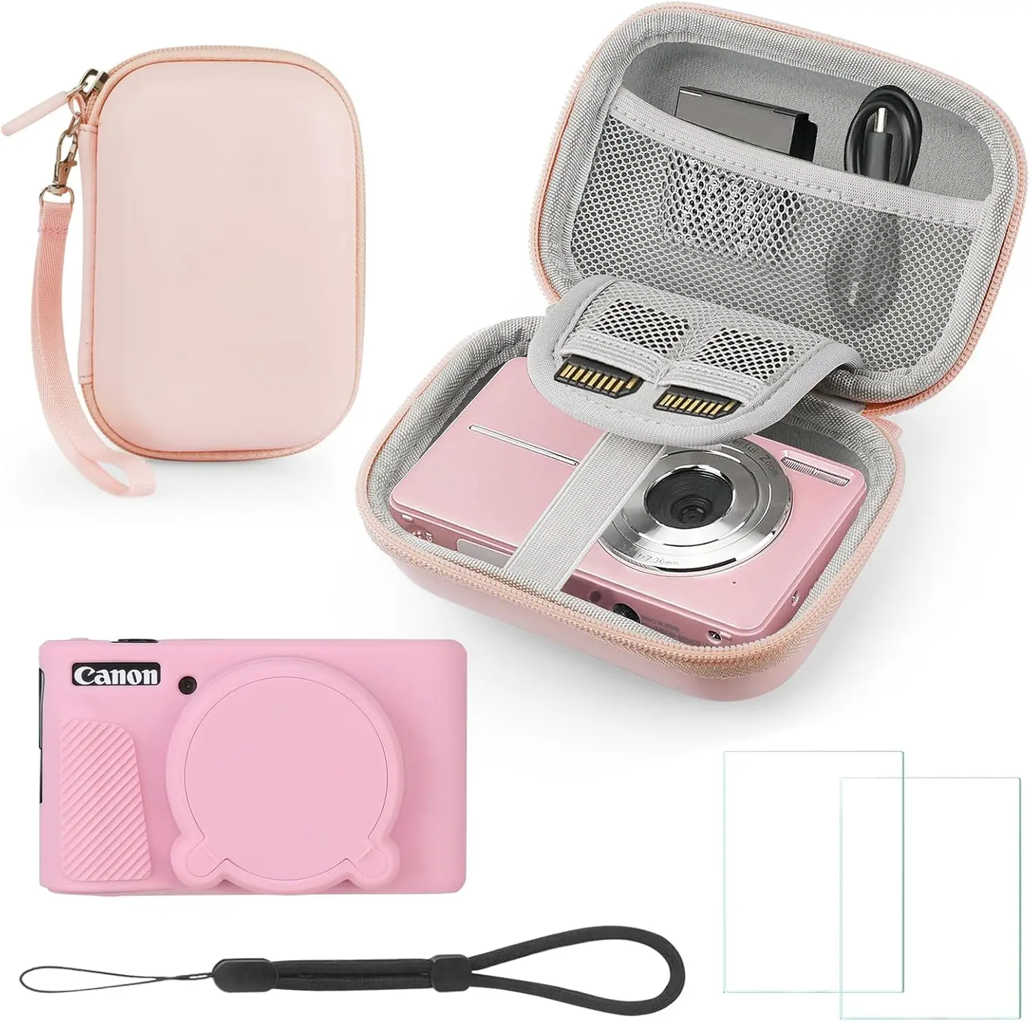 

Case for Canon PowerShot SX740/SX730 HS, Hard + Soft Silicone Case with Lens Cover & Tempered Glass Screen Protector - Pink