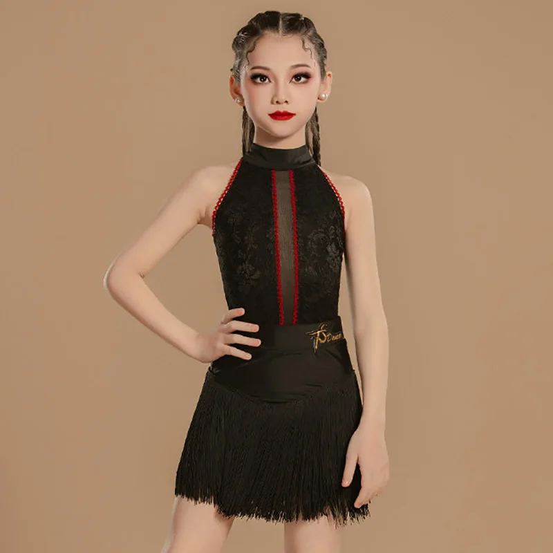 

Kids Girls Black Halter Backless Latin Dance Costume Bodysuit and Tassels Skirts Ballroom Dancewear Children Training Set