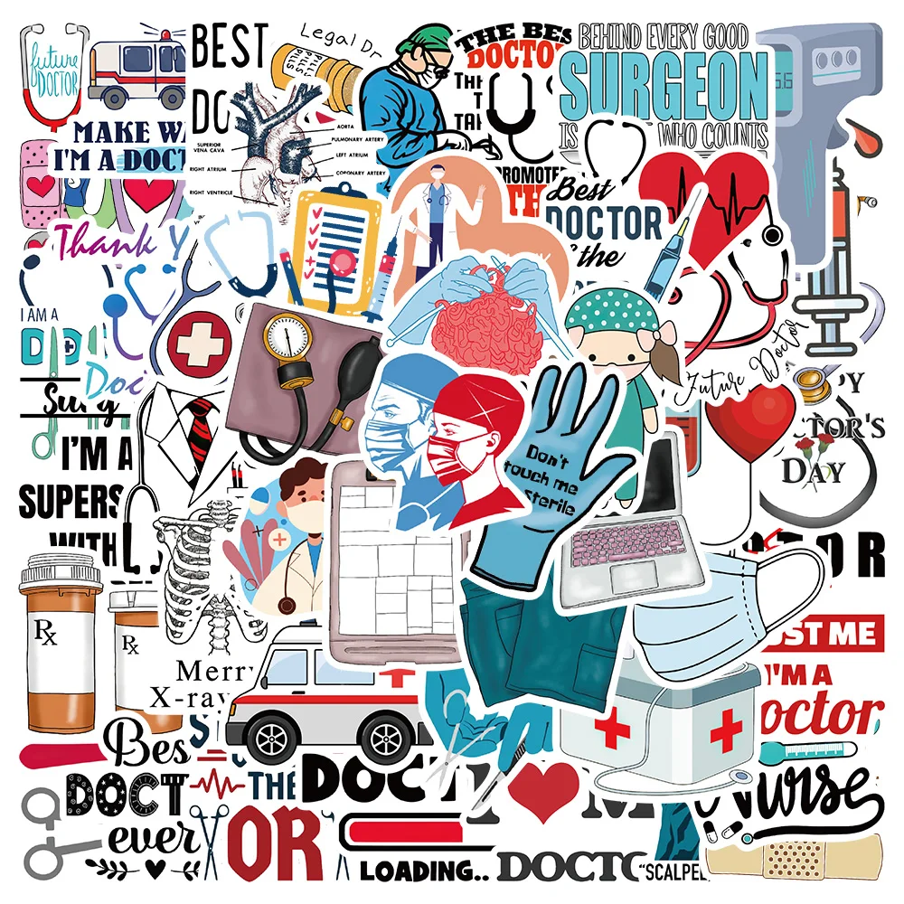 50pcs Cartoon Doctor Nurse Stickers Waterproof Graffiti For Luggage Laptop Guitar Phone Water Bottle Decals Kids Gift