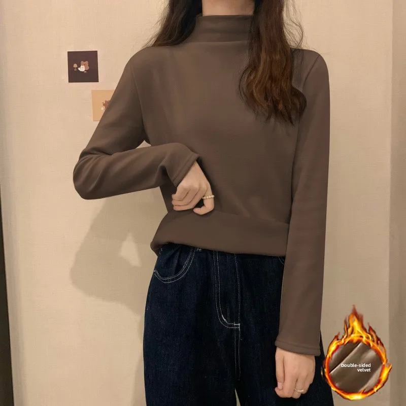 Femmes Faionable couleur Fce doublé longue Sve Base irt f col haut chaud automne haut coréen Sle trajet