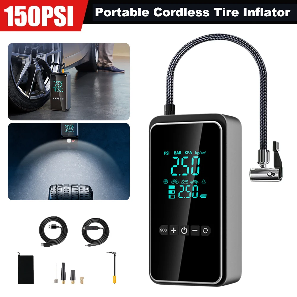 Cordless Tire Inflator 80W 150PSI for Car Air Compressor Pump Faster Inflation Electric Air Pump Power bank with LED Rechargeabl