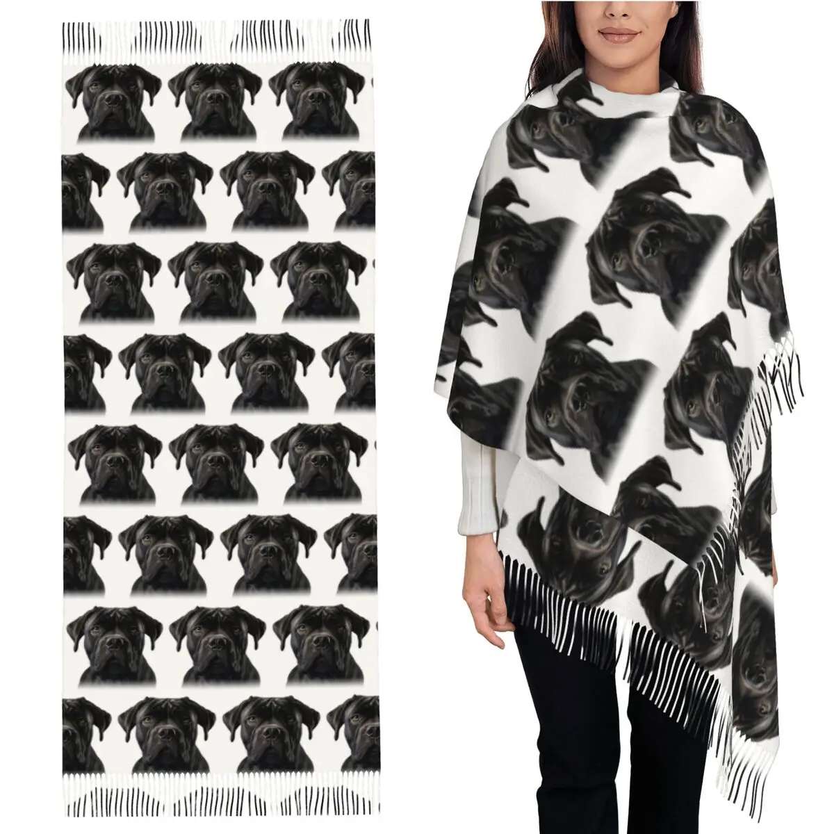 

Black Cane Corso Italian Mastiff Scarf Tassel Scarves for Women Soft Warm Shawls and Wraps Large Fall Winter Shawl Wrap