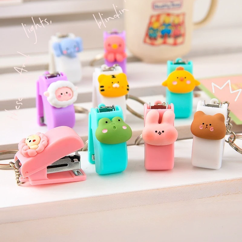 2pcsMacaron-colored Creative Student Stapler with No.10 Staples Convenient Keychain Hanging Piece Cute Cartoon Mini Stapler