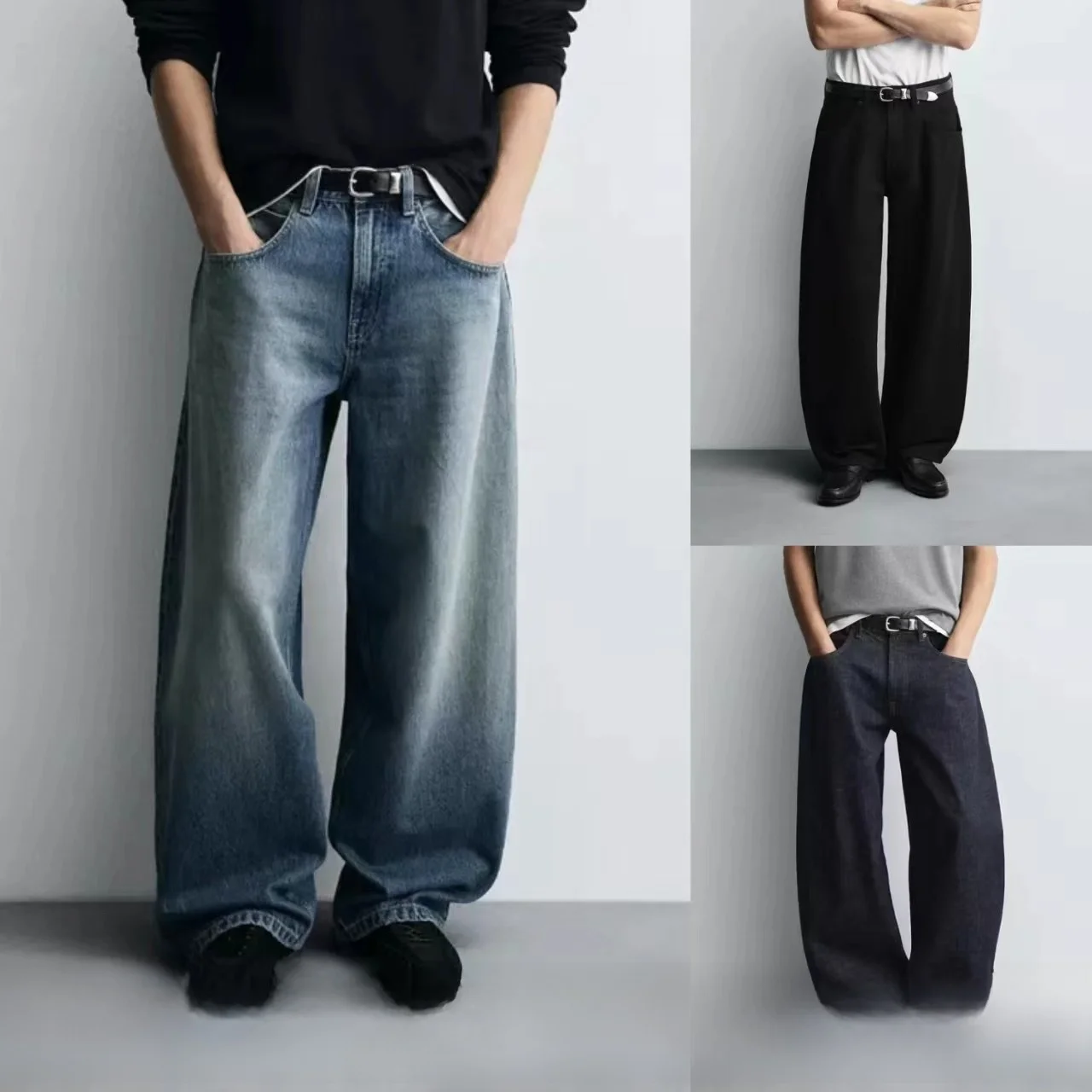 

Loose Balloon Sle Men's Jeans Long Pants Waed Knife Casual Cotton Straight Leg Trousers mid Waist Zipper Fly