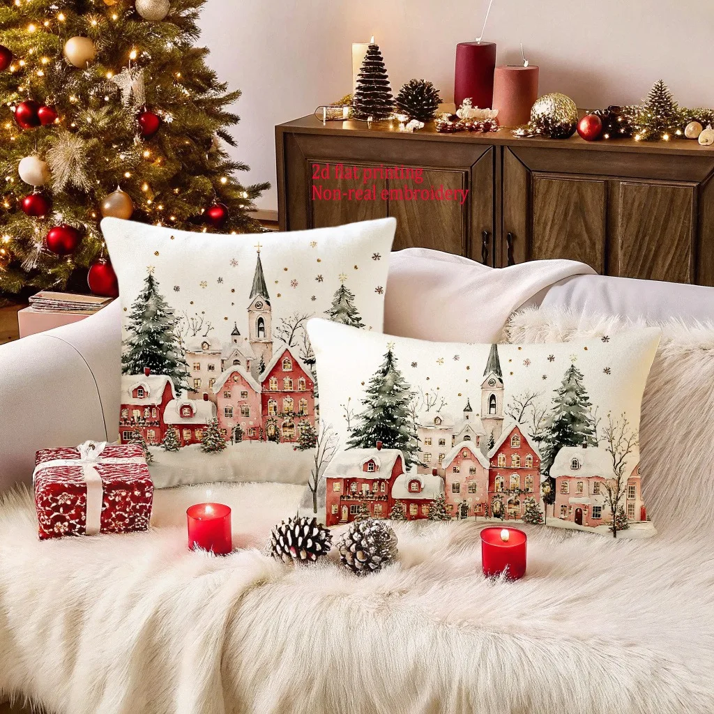Christmas Magic: 2D Printed Festive House and Tree Design Pillowcases for Cozy Holidays Sofa cushion cover,home decoration