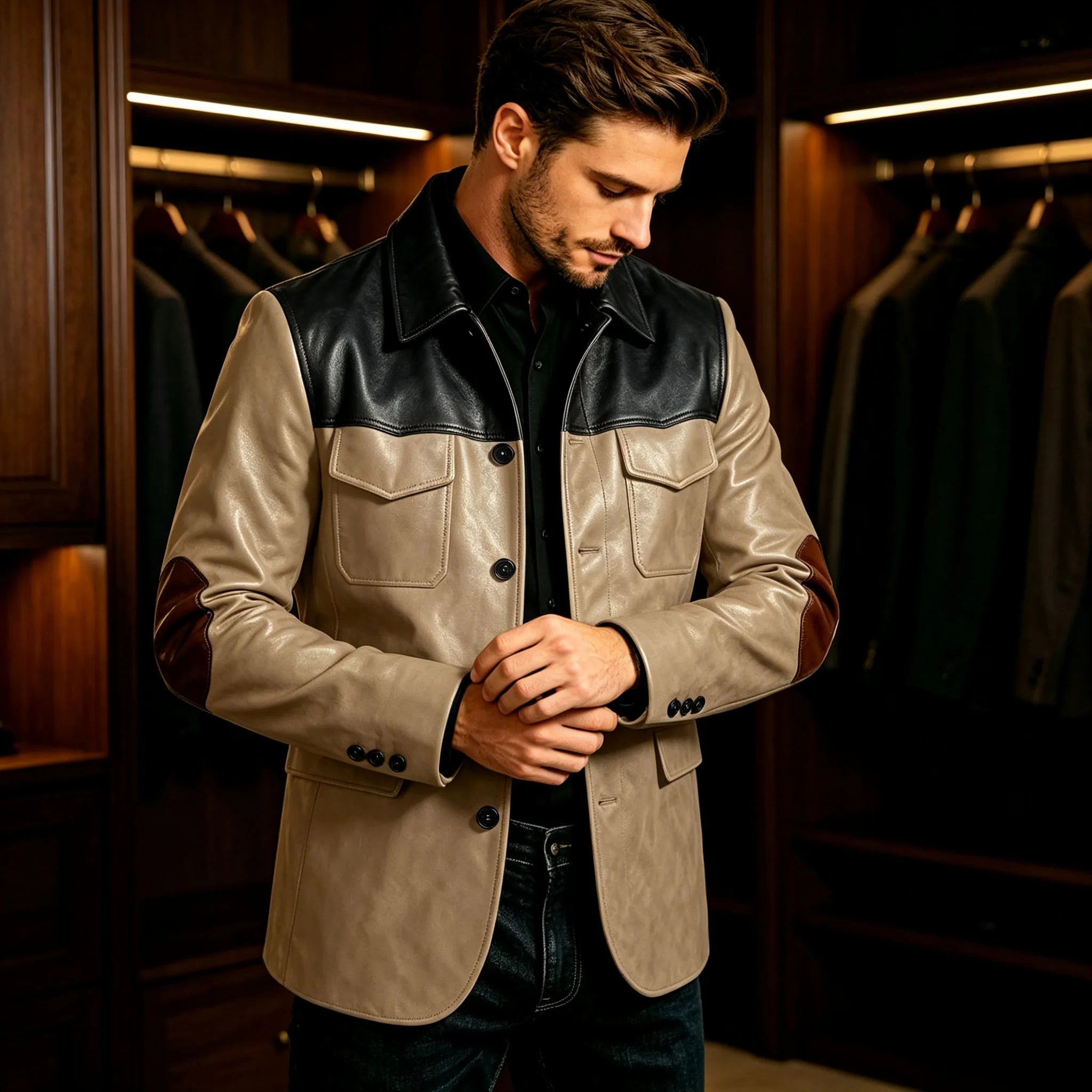 Men's Two Tone Leather Blazer Elbow Suede Patch Lapel Collar Slim Fit Multi-Pocket Casual Suit Jacket Business Streetwear Party