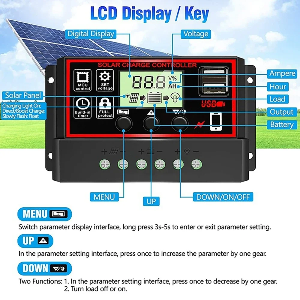 PWM Controller 100A 12V 24V Automatic Generation & Discharge for Solar System 2-USB 5V Solar Panel Charging LCD Display
