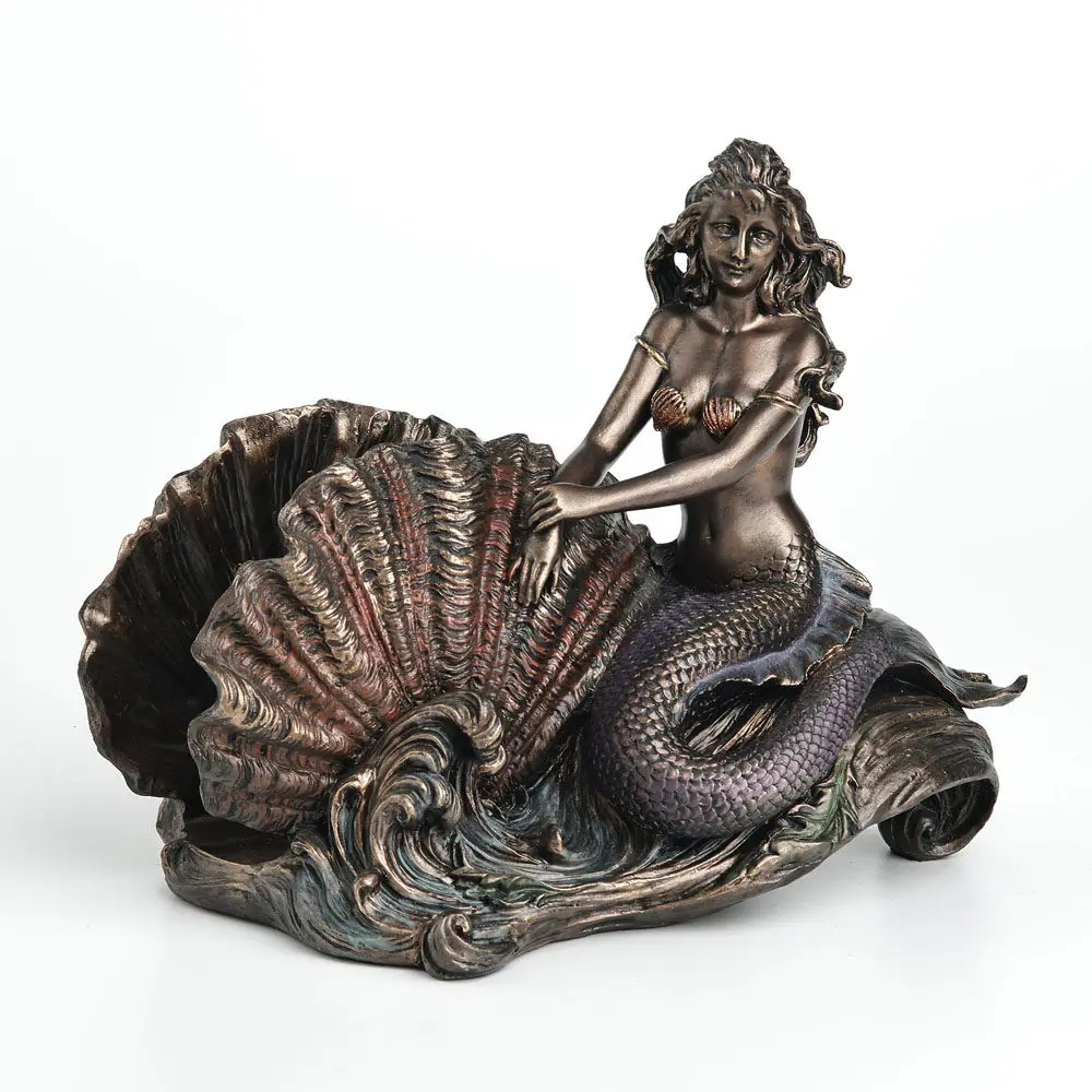 Bronze Finish Mermaid Napkin Holder Leaning On Giant Conch Shell Figurine Resin Statue Ocean Wave Base Coastal Tabletop Decor
