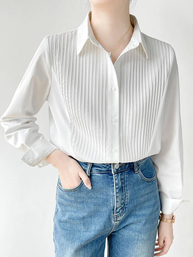 

Белая женская блузка с длинным рукавом, профессиональный дизайн с плиссировкой, уникальный топ из полиэфирного волокна, свободный крой, для офиса.