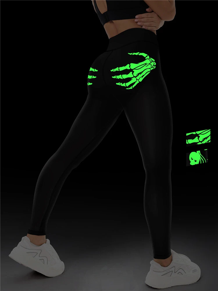 Personalized Fluorescent Green Claw Skeleton Printed Women\'s Yoga Leggings High Waist Fitness Running Elastic Fitness Pants