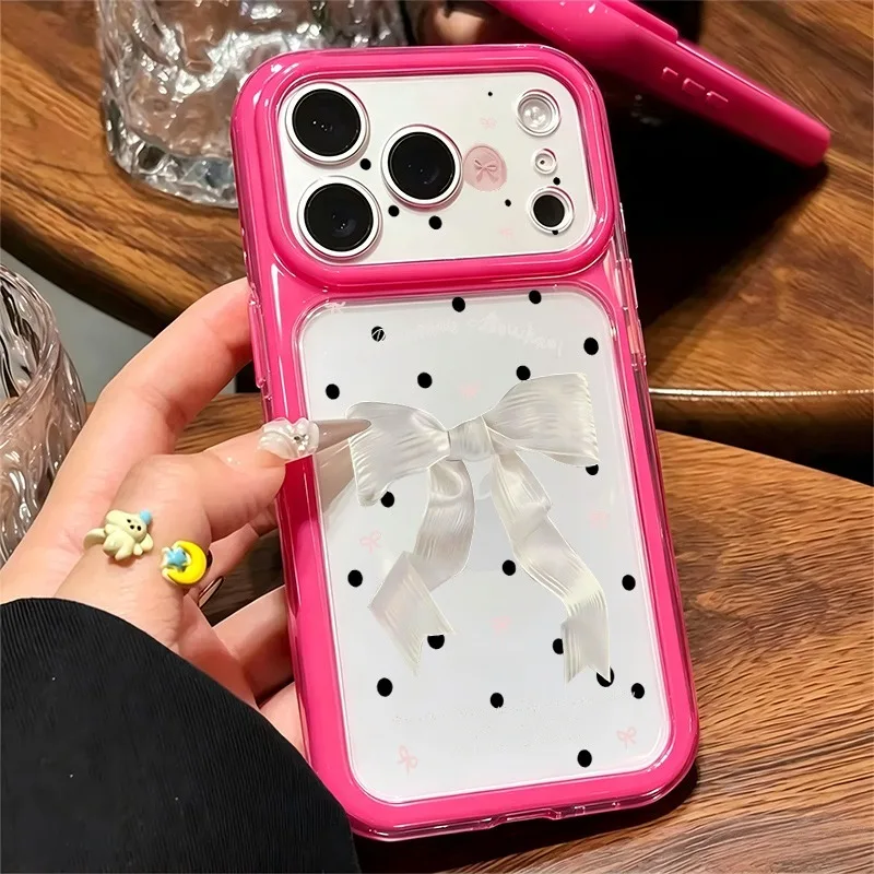 3D White Ribbon Bow Black Polka Dot Print Phone Case, Large Window Soft TPU Shockproof Cover For iPhone