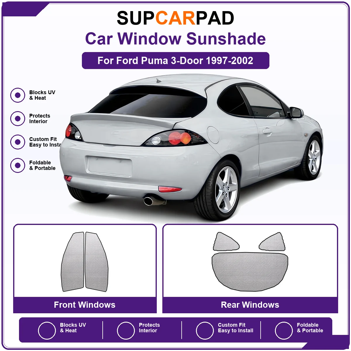 For Ford Puma 3-Door 1997-2002 Pre‑Cut Auto Window Sunshade Anti‑UV Car Sun Visor Protector