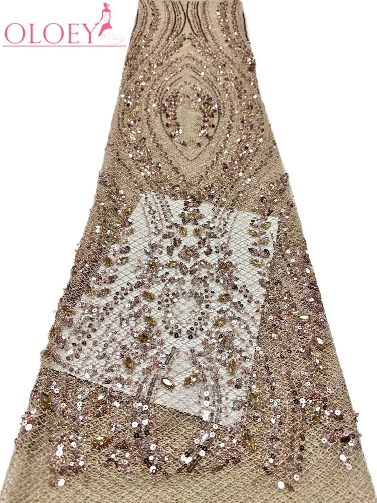 

OLOEY Luxury African Sequins Beaded Lace Fabric High Quality Groom Nigerian Wedding Bridal Embroidery French Tulle Sewing