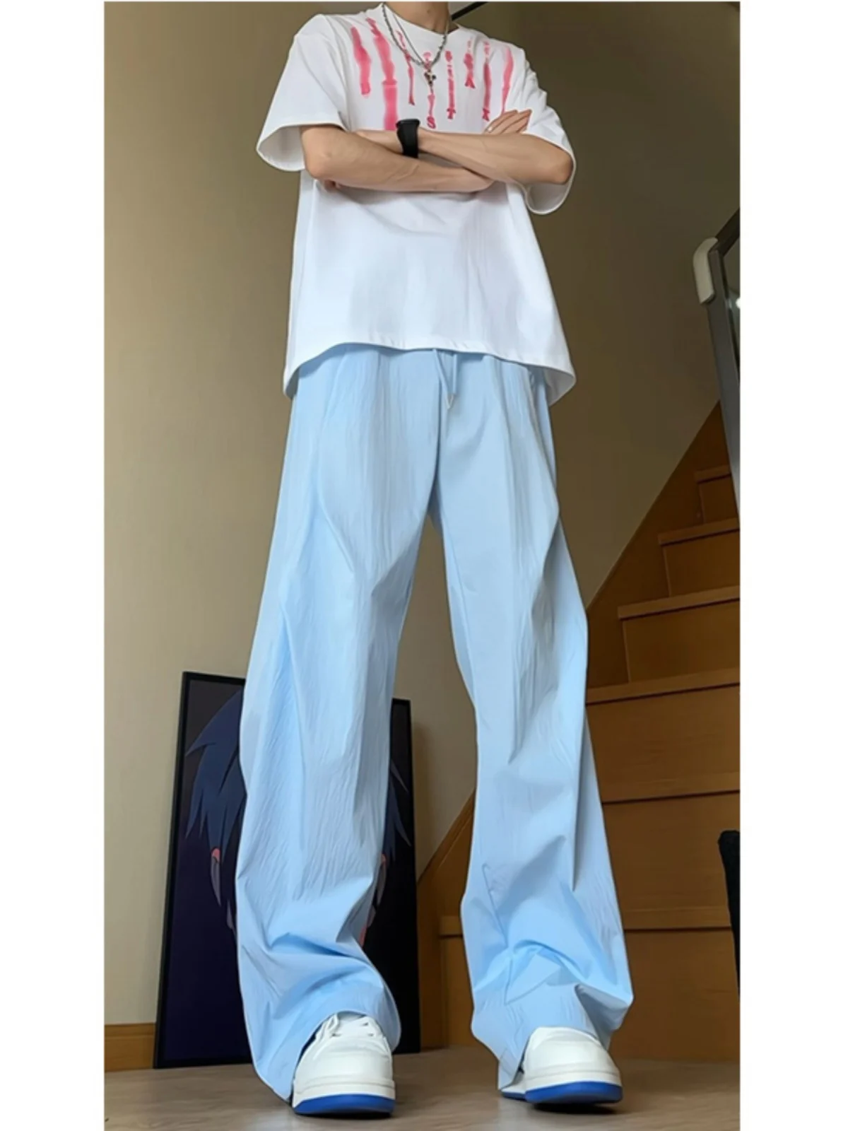 

Qui Dry Work Trousers Men's Summer Thin Folded American Sle Casual Pants Design Sense Wrinkle Polyester Fiber Straight Leg