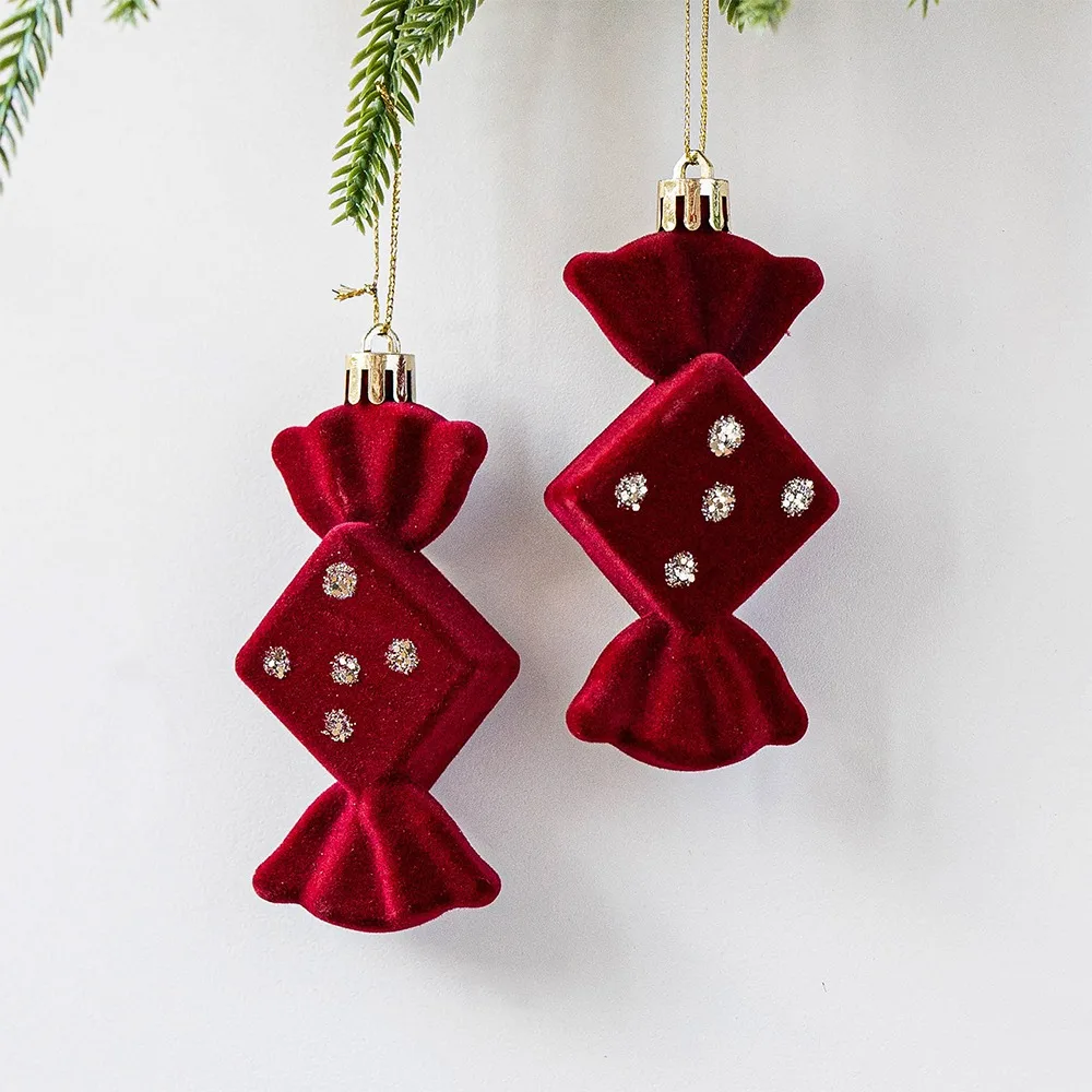 

2pcs Red Christmas Tree Pendants Lollipop Bow Bell Candy Cane Pendants Flocked Velvet Candy Cane Ornaments Holiday Season