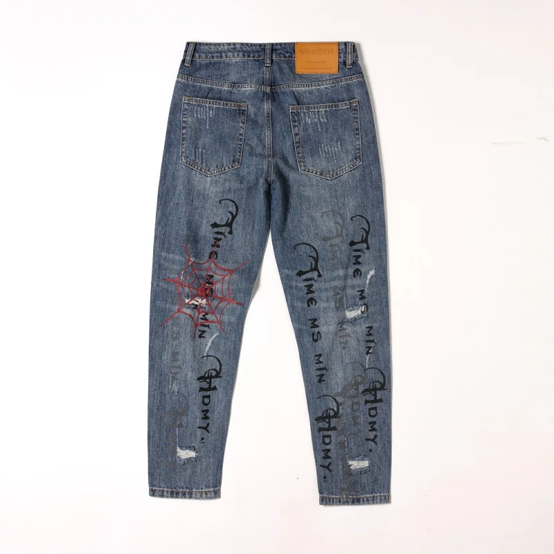 Street ripped jeans men's fashion hip-hop fashion printing Y2K washed-out vintage loose denim pants