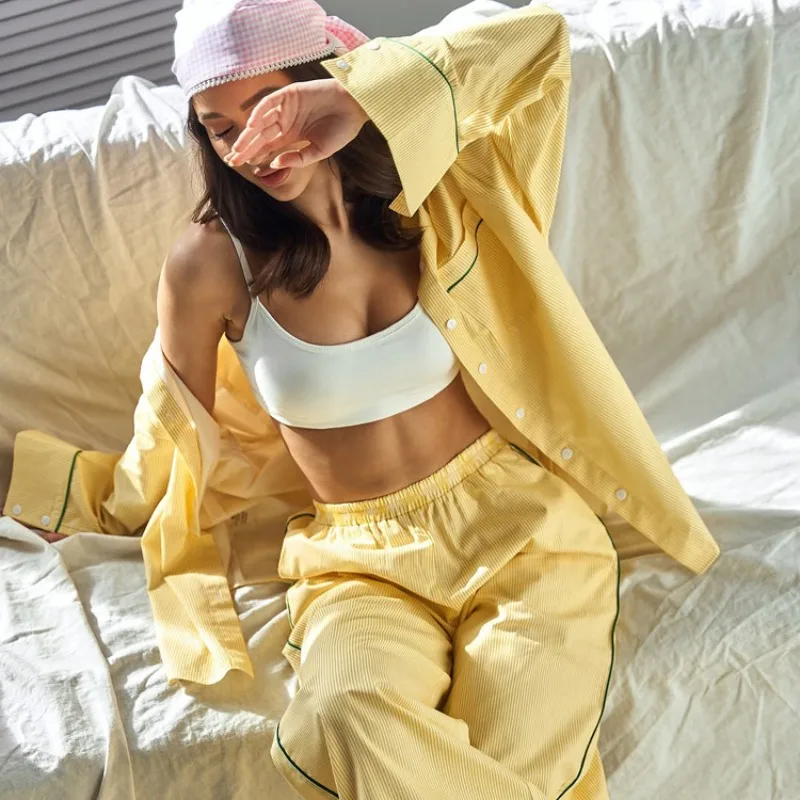 European American Style Women's Pajamas Long Sleeve Striped Loungewear Set Lapel Collar Versatile for Indoor Outdoor Wear Casual