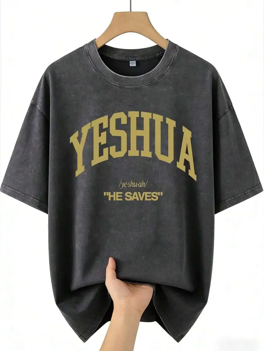 

Washed Cotton Breathable Loose Retro T-Shirt With Religious Text Print