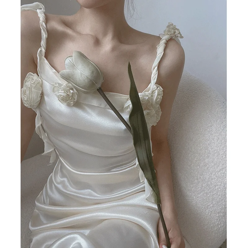 여성용 로즈 새틴 스트랩리스 드레스, 여름 프렌치 엘레강스, 새로운 롱 드레스, 우아한 이브닝 가운