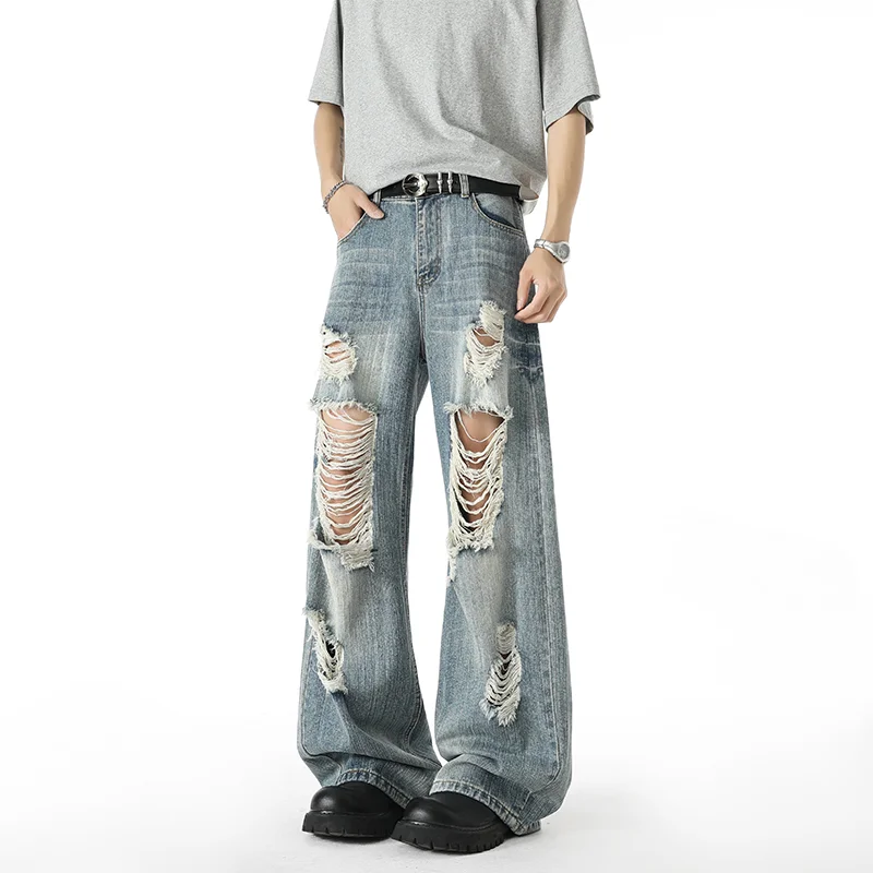 

Men Ripped Jeans Men Stretchy Hole Slim Fit Hip Hop Denim Pants Casual Jeans for Men Jogging Trousers Male Oversized Cargo Pants